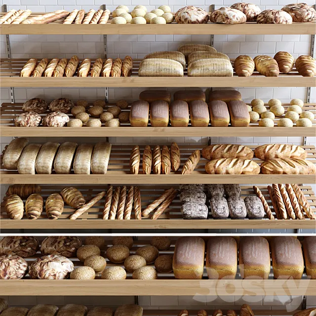 Rack with pastries in a bakery with bread loaf and buns. 3D Model