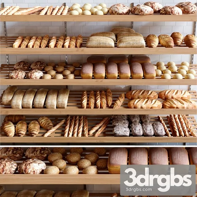 Rack with pastries in a bakery with bread loaf and buns. 3D Model Free