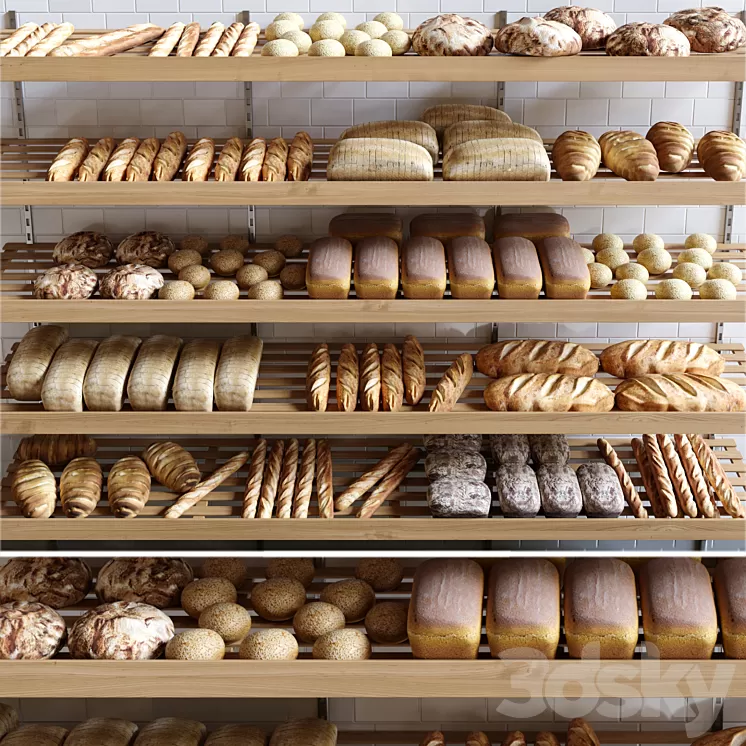 Rack with pastries in a bakery with bread loaf and buns. 3D Model