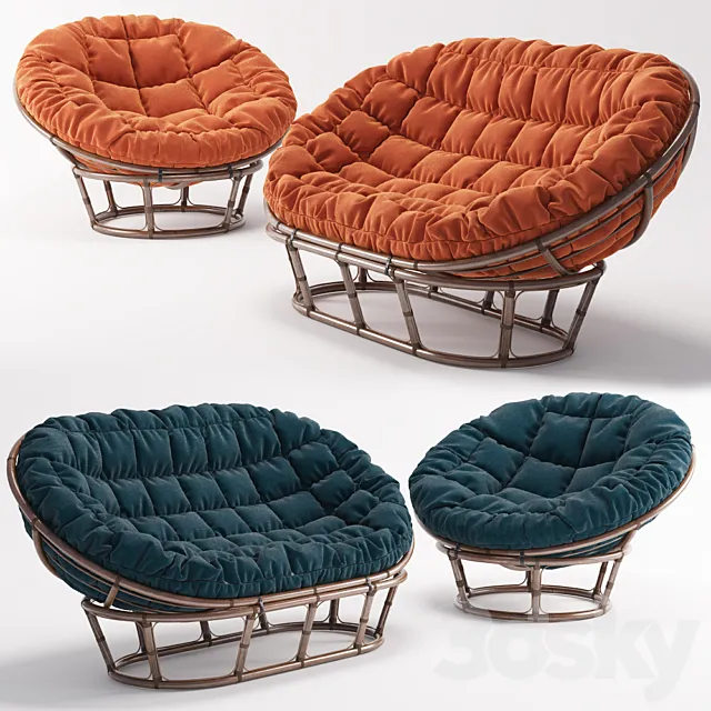 Rattan chair Papasan and Sofa Rattan Mamasan 3D Model