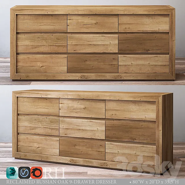 RECLAIMED RUSSIAN OAK 9-DRAWER DRESSER 3D Model