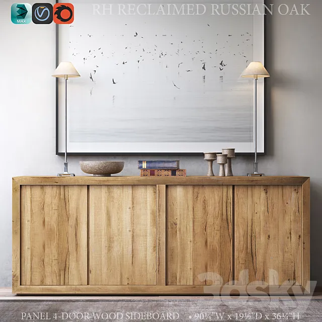 RECLAIMED RUSSIAN OAK PANEL 4-DOOR WOOD SIDEBOARD 3D Model