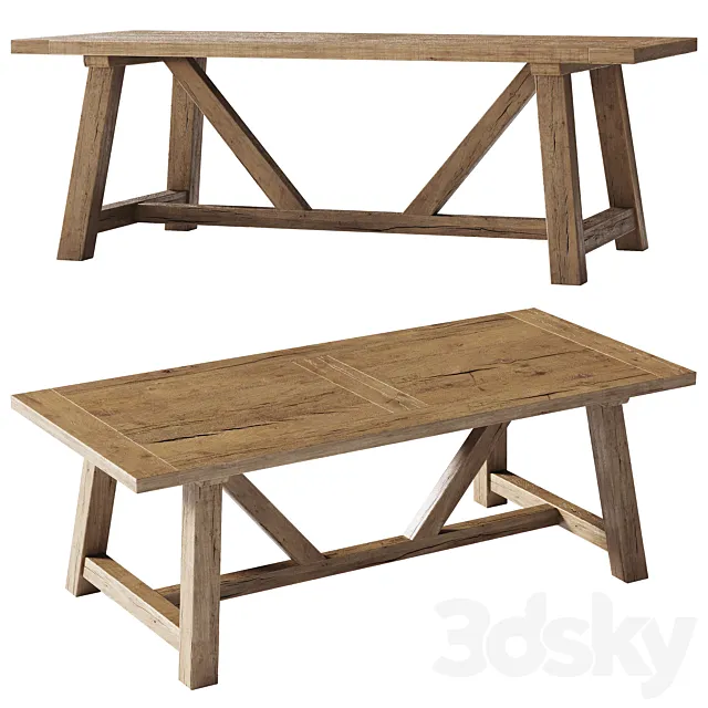 Reclaimed Russian Oak Trestle Rectangular Dining Table 3D Model