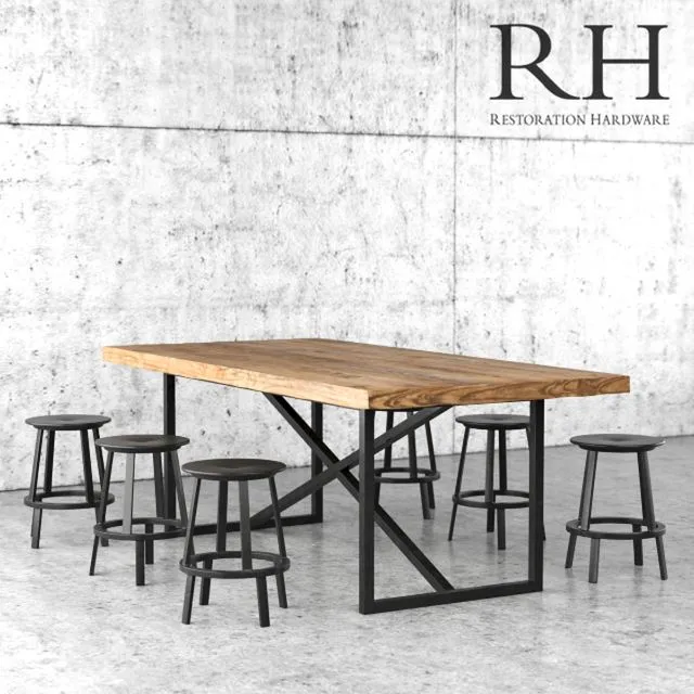Restoration Hardware dining table and stools 3D Model