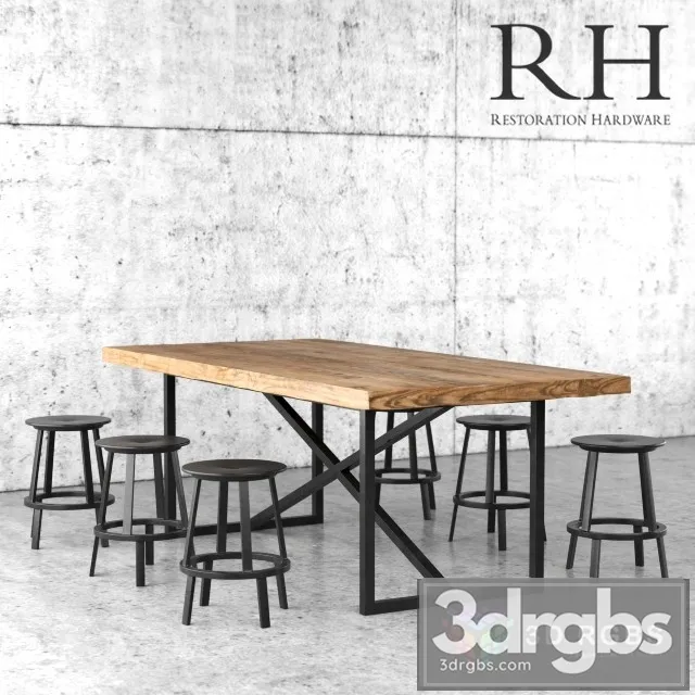 Restoration Hardware Dining Table and Stools 3D Model Free
