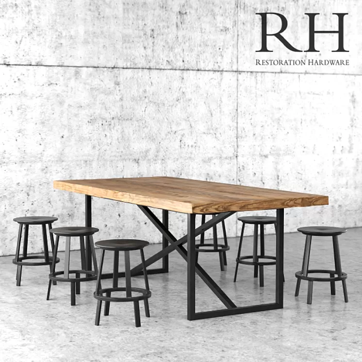 Restoration Hardware dining table and stools 3D Model