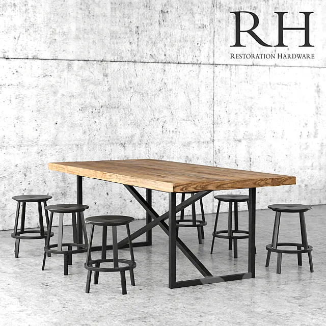 Restoration Hardware dining table and stools 3D Model