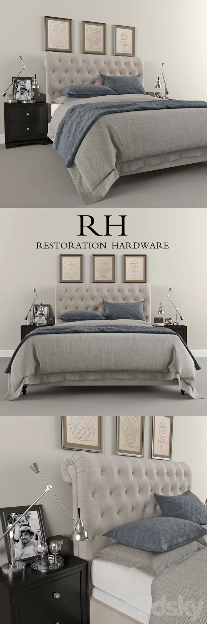 Restoration Hardware Sleigh Chesterfield Fabric bed 3D Model