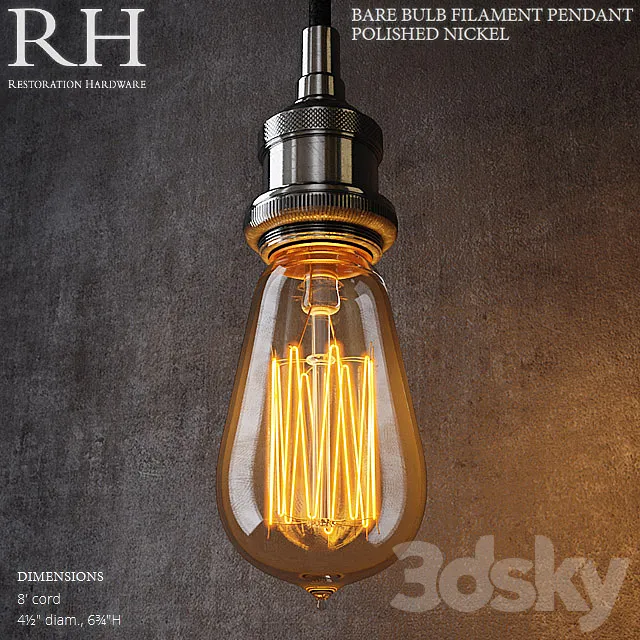 RH Bare Bulb Filament Pendant Polished Nickel 3D Model
