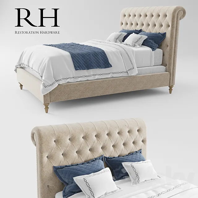 RH Chesterfield Fabric Sleigh Bed 3DModel