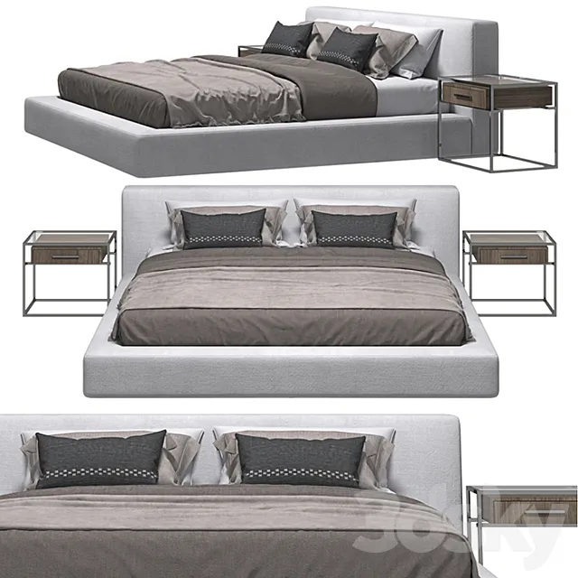 RH - Cloud Platform Slipcovered Bed And Kennan Bedside Table 3D Model