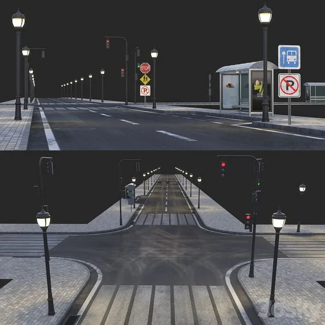 Road and busstop 3D Model