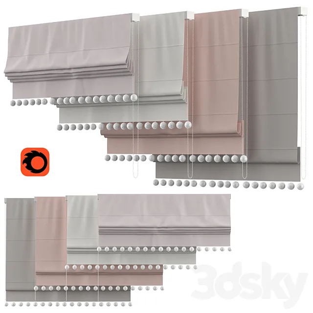 Roman Curtains 136 | Rh Baby & child | POM-POM LINEN-COTTON ROMAN SHADE 3D Model