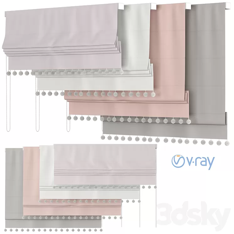 Roman Curtains 56 | Rh Baby & child | POM-POM LINEN-COTTON ROMAN SHADE 3D Model