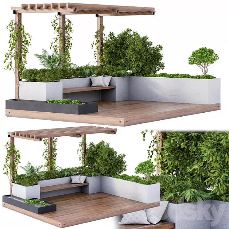 Roof Garden and Landscape Furniture with Pergola 3D Model