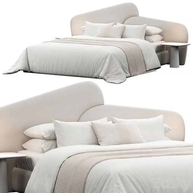 Rounded Linen Upholstered Headboard Bed 3D Model