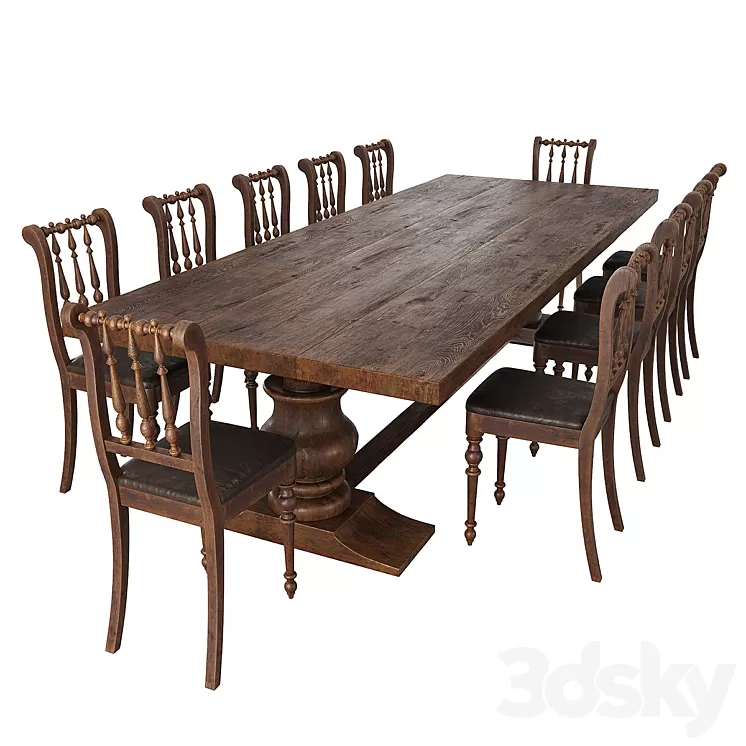 Rustic dining table + chair 3D Model