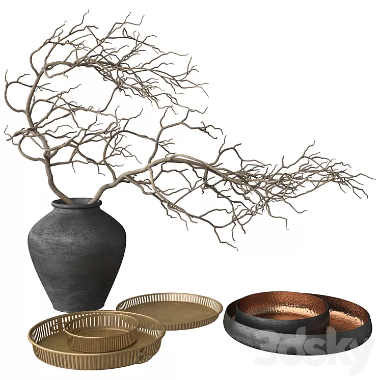 Rustic Set – Vase Branch Copper Bowl and Brass Tray 3D Model