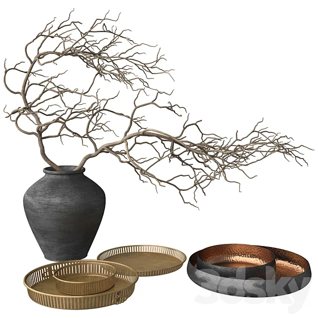 Rustic Set – Vase. Branch. Copper Bowl and Brass Tray 3DModel