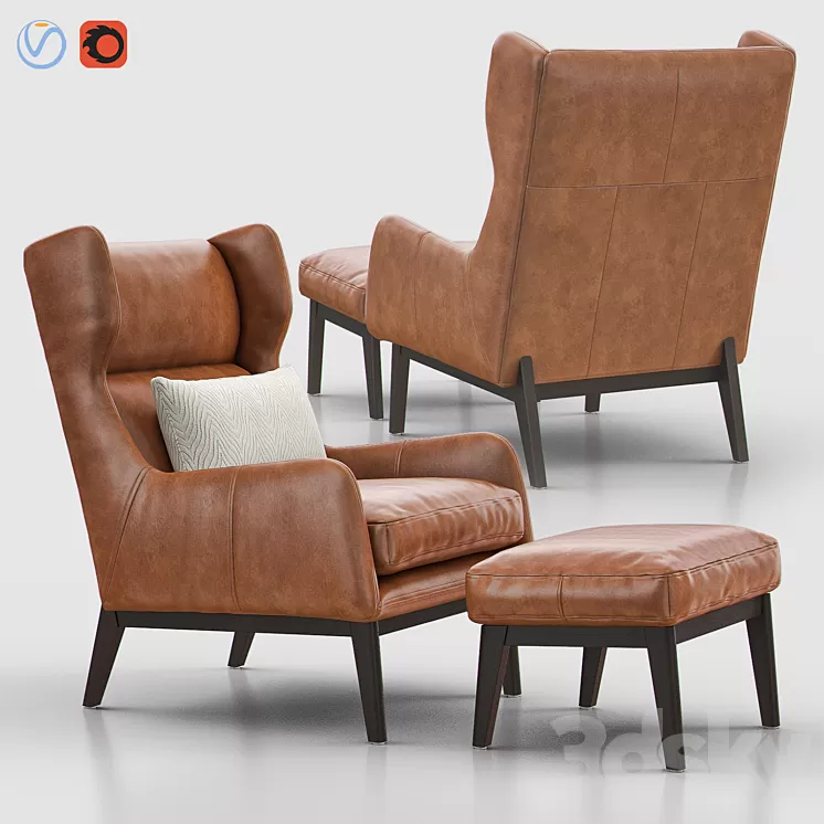 RYDER Leather Chair with Ottoman 3D Model