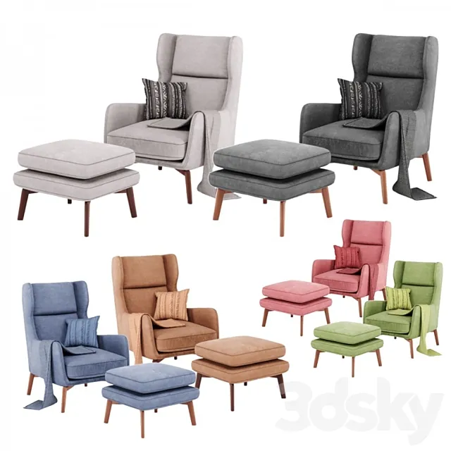 Ryder Velvet ArmChair By Adjustable color 3D Model