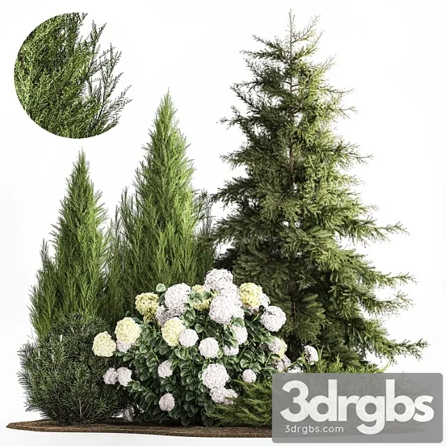 Sad Iz El Sosna Topiar Belyi Kust Gortenziia Tsvety Mozhzhevelnik Alpiiskaia Gorka Nabor Rastenii 1181 3D Model Free