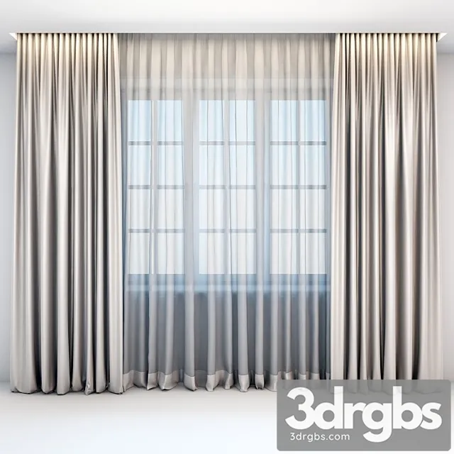 Satin straight beige curtains in the floor and tulle in a modern style 3D Model Free