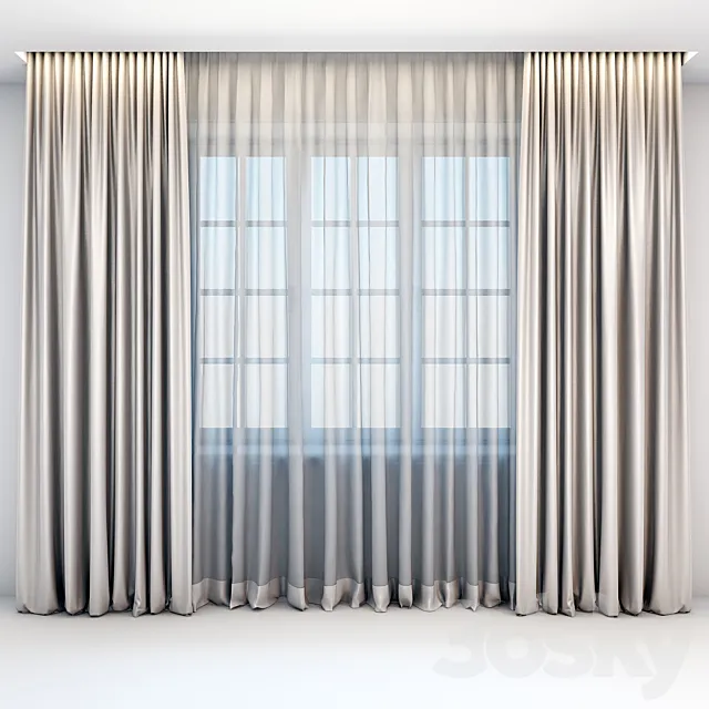 Satin straight beige curtains in the floor and tulle in a modern style 3DModel