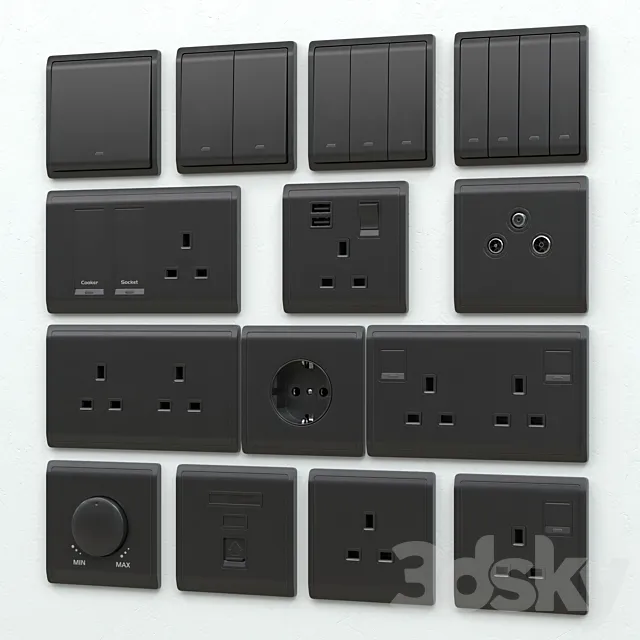 Schneider pieno switches & sockets matte black 3DModel