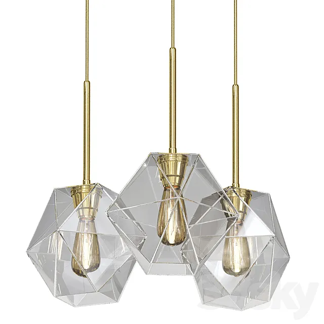 Sculptural Glass 3-Light Faceted Chandelier - Clear 3D Model