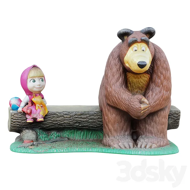 Sculpture of the characters Masha and the bear are sitting on a bench 3D Model