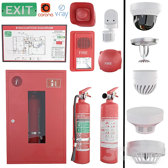 Security and fire alarms Fire extinguishers and sensors 3D Model