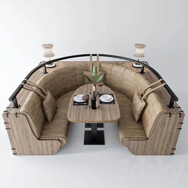 Semicircular sofa with table and decor 3D Model