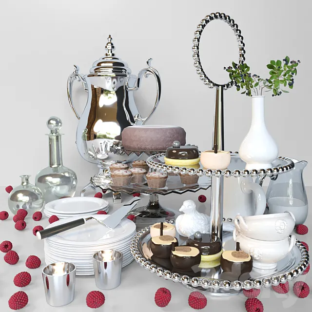 Service with desserts. Cake 3D Model