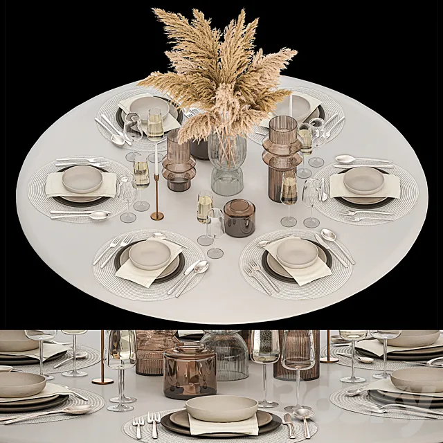 Serving for a round table for 6 people with a bouquet of dried flowers Pampas grass vase glass 32. Free Download
