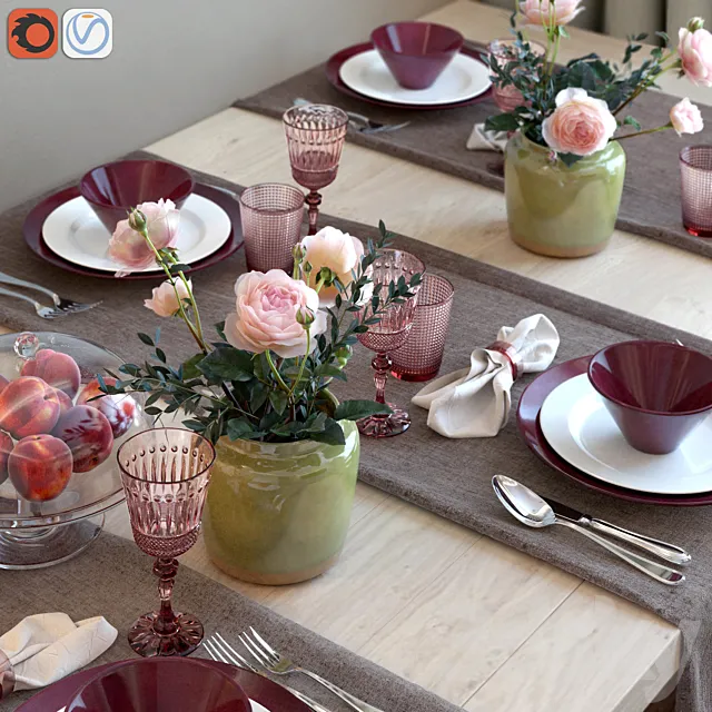 Serving table with tea roses 3DModel