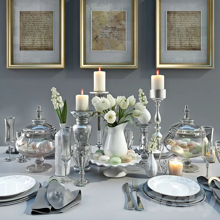 Serving table with tulips 3D Model