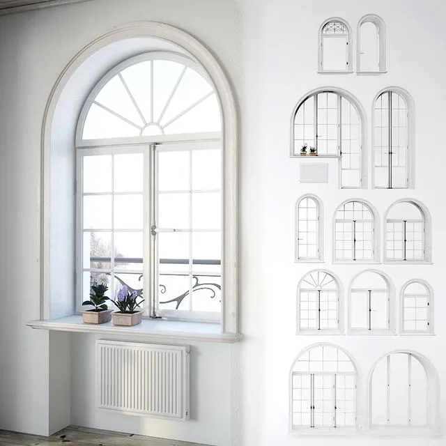 Set classical arched windows with decor 3D Model