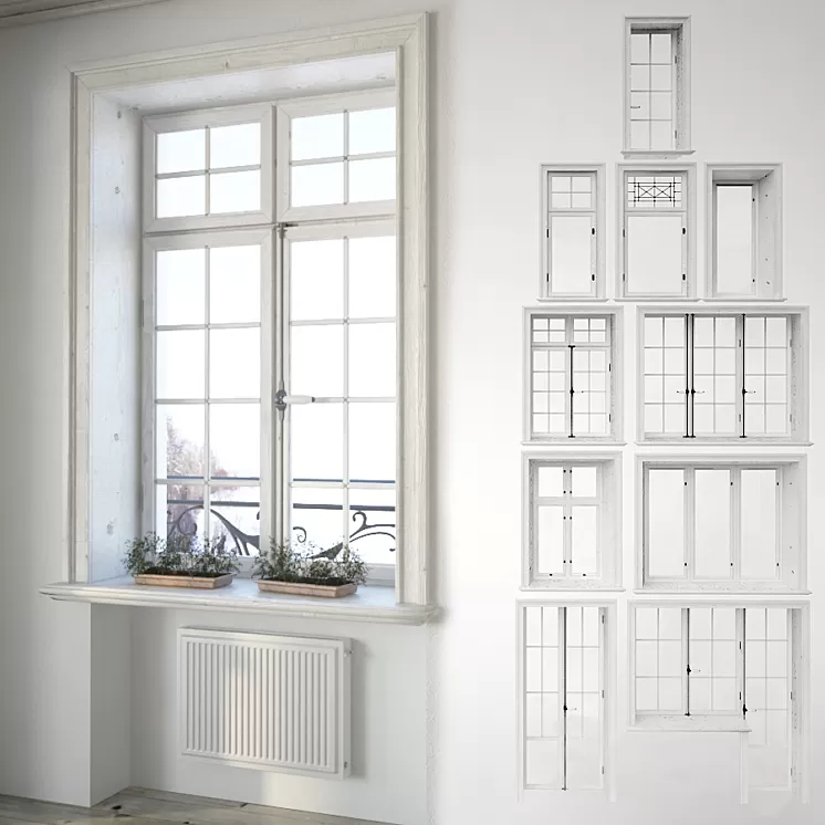 Set classical windows with decor 3D Model
