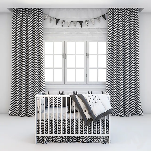Set for baby - crib Ikea and curtains 3D Model