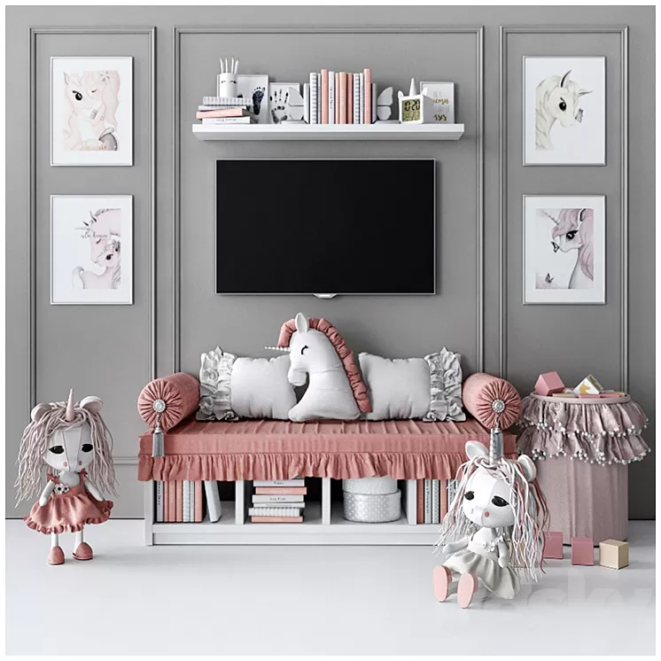 Set for decorating a children's room with unicorns 3D Model