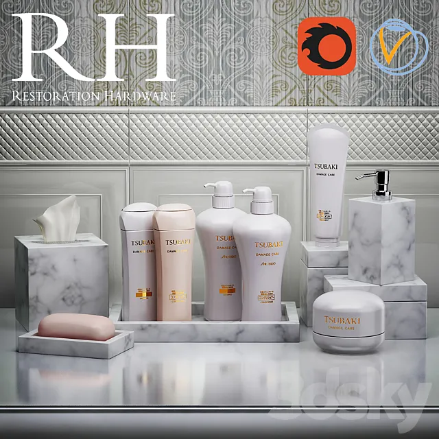 Set for Restoration Hardware bathroom with shampoos and plates 3DModel