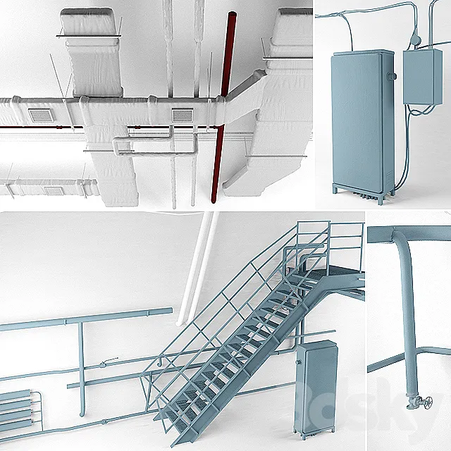 Set for the loft (ventilation. wires. stairs. heating) 3DModel