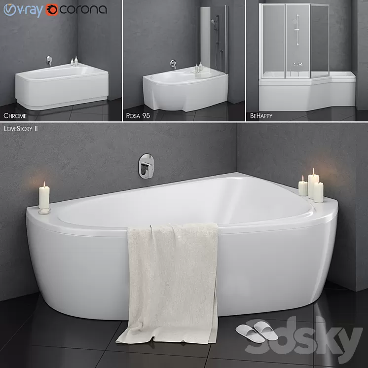 Set of asymmetric baths Ravak set 14 (LoveStory II Chrome Rosa 95 BeHappy) 3D Model