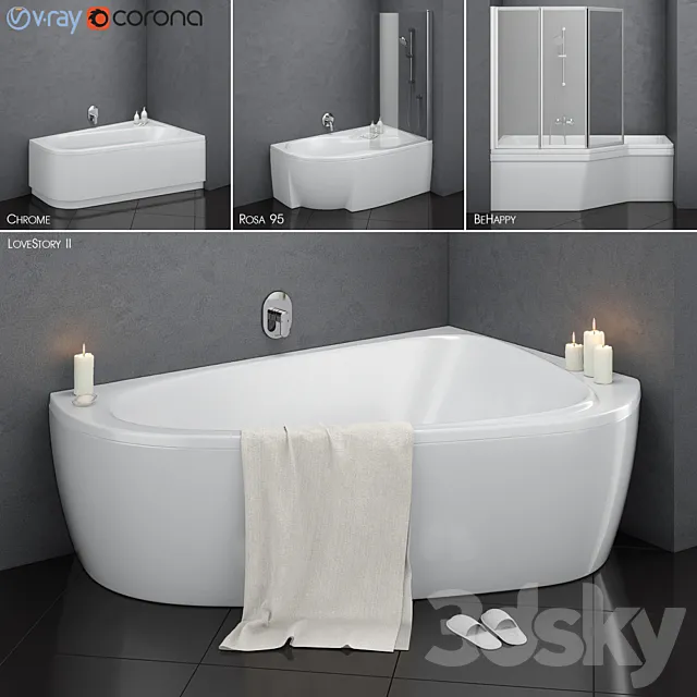 Set of asymmetric baths Ravak set 14 (LoveStory II. Chrome. Rosa 95. BeHappy) 3DModel