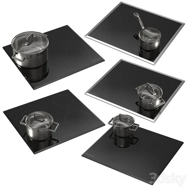 Set of Bosch hobs with cookware 002 3D Model
