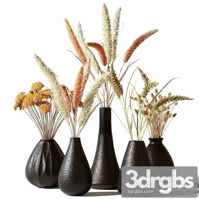 Set of Bouquets of Dried Flowers in Black Clay Vases 3D Model Free