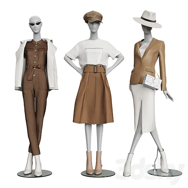 Set of classic women’s clothing on mannequins 3D Model