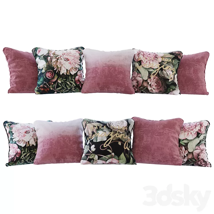 Set of cushions cherry gradient and flowers 02 (Pillows cherry gradient and flowers 02 YOU) 3D Model