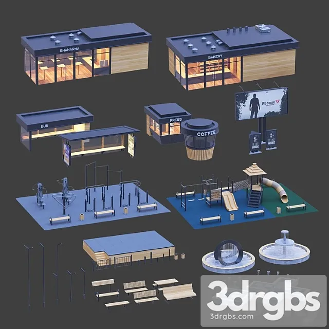 Set Of Elements Of Urban Style 3D Model Free